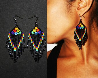 Native American Dangle Earrings, Huichol Earrings, Native American Beaded Earrings, Black, Seed Bead Earrings, Flower Earrings