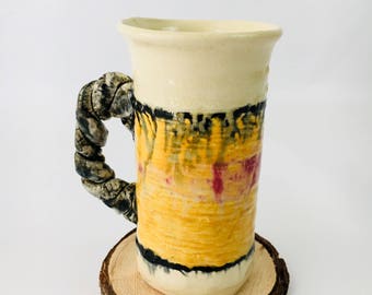 Handmade Tall Ceramic Hot Tea or Coffee Mug Yellow Black and Red
