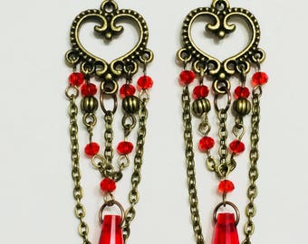 Victorian Style Red Crystal Glass Waterfall Heart Earrings