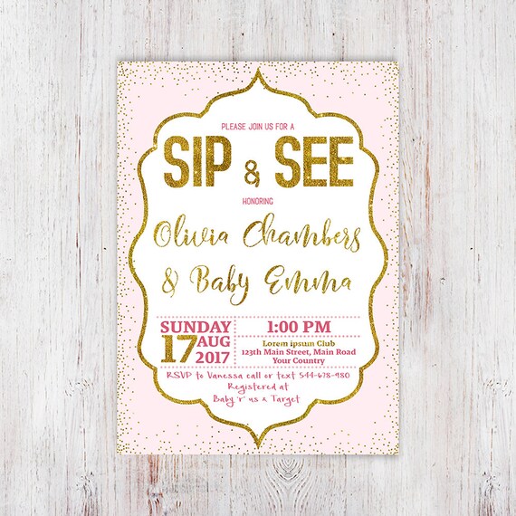 Sip and see invitation pink and gold sip and see invitation