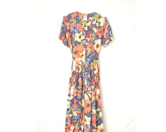 floral button down vintage skater midi dress 80s // M