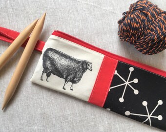 Linen Patchwork Knitting Needle Case, Wristlet