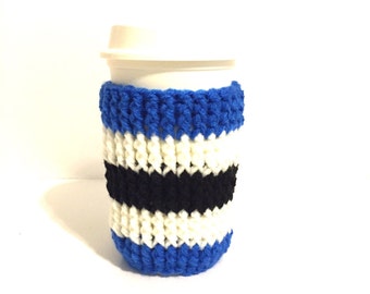 Football cup cozy, team colors cozy, blue black white, large coffee cozy, striped java cozy, latte cup sleeve, tall cozy, cup of joe cozy