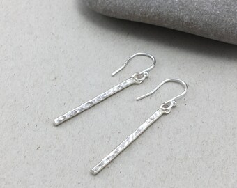 Silver Bar Dangle Earrings, Handmade Hammered Silver Bar Earrings, Handmade Silver Dangle Earrings, Silver Stick Earrings, Long Earrings