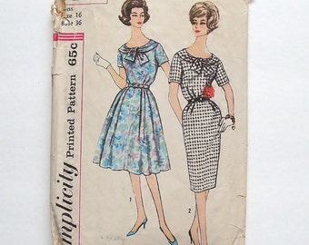 Vintage 1960 Simplicity Slenderette Dress Sewing Pattern #3446 - Size 16 (bust 36)