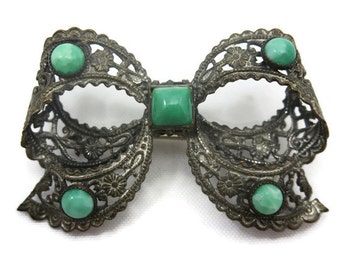 Vintage Czech Bow Brooch - Green Peking Glass and Filigree Metal