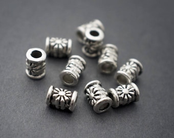 10 pcs - silver plated tubes, flowers beads - 6mm x 4mm