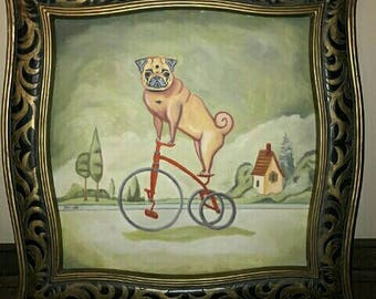 pug bicycle dog print of original painting artwork by thepugpainter