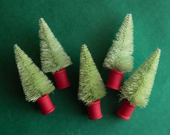 Fresh Green Bottle Brush Trees - 5 Miniature Sisal Trees with Red Wooden Spool Bases