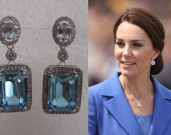 Kate Middleton Duchess of Cambridge Inspired Replikate Blue Topaz Silver Drop Crystal Earrings