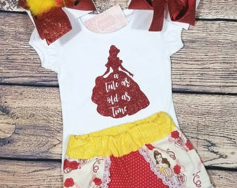 Beauty and the beast outfit, belle outfit, beauty and the beast shirt, beauty and the beast shorts, Disney outfit, Disney shortsthe