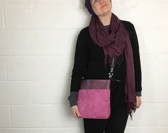 lynn- purple leather, black leather strap, cross-body bag, inside-out, small crossbody, leather bag zippermetal hardware