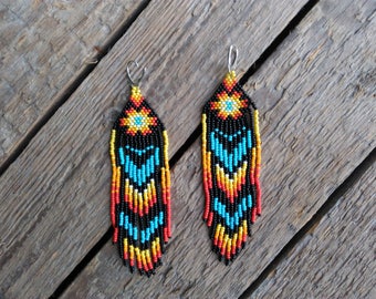 Native American Beaded earrings, seed bead earrings, Mexican earrings, boho earrings, fringe earrings
