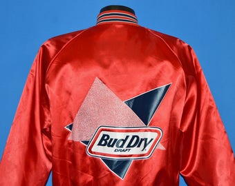 80s Bud Dry Draft Beer Snap Up Satin Lined Jacket Large