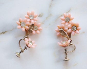Vintage Screw Back Earrings Pink Flower Earrings
