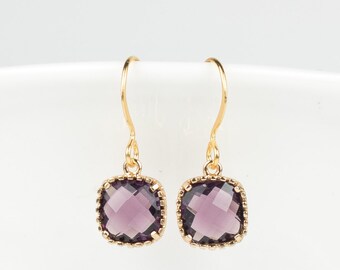 February Amethyst Gold Earrings, Amethyst Gold Square Earrings, Purple Gold Earrings, February Birthday Gift, Gifts Under 15. #807