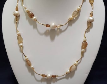 Citrine and Freshwater Pearl long necklace