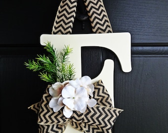 Off White Chevron Burlap and Ivory Hydrangea Wreath, Monogram Wreath, Chevron Wreath, Front Door Letter, Burlap Letter Wreath, Winter Wreath