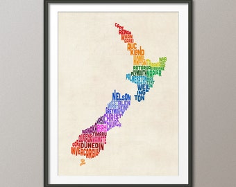 New Zealand Typography Text Map, Art Print (1480)