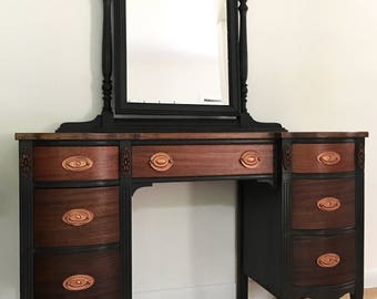 SOLD.....................Vintage Mahogany bowfront dressing table/ vanity with mirror 7 drawers.