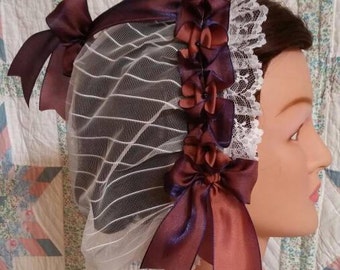 White Lacy Daycap with Navy/Copper Chanegable Ribbon