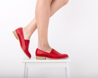 Red shoes Pointy flats Slip-Ons women's shoes, handmade leather shoes ADIKILAV