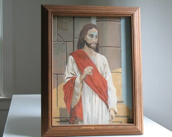 Vintage Paint by number Jesus / framed religious art / Christ painting / kitsch retro home decor wall hanging