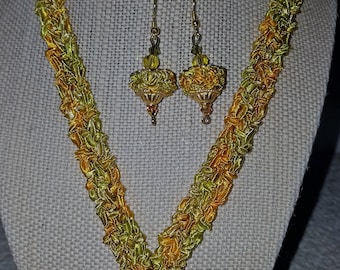 Fiber, handknit necklace and earring set with Swarovski crystal accents