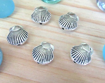 Seashell beads charms, set of 10, silver ocean beads, focal beads, spacers beads, summer beads, sea life beads, shell beads, sea beads