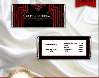 Printable Great Gatsby Art Deco Candy Bar Wrapper, Red, Black, White, Elegant - Digital File - EDITABLE text - DOWNLOAD Instantly