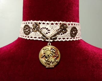 Steampunk locket gear lace choker