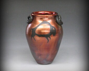Raku Vase with Bison in Metallic Iridescent Colors
