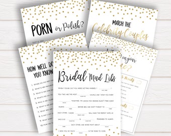 5 Bridal Shower Games Pack in Gold Confetti, Printable Bridal Shower Games, Bachelorette Party Games, Hen Party Games, Bridal Shower Games