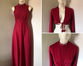 vintage goddess princess dress empire waist maxi dress lattice details wine with crop jacket set Victorian romantic inspired XS