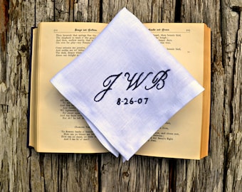 Monogrammed Handkerchief with Wedding Date, Wedding Pocket Square, Personalized White Linen Hankerchief Wedding Day Embroidered Handkerchief
