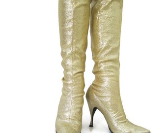 Vintage Gold Boots 60s Go-go Lurex Sparkly Knee High Stretch Space Age 7.5