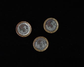 3 Vintage Metal Picture Buttons , Mirror Frame Bird, Plants 5/8"