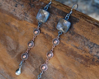 Faceted Crystal Quartz & Antiqued Copper Drop Earrings