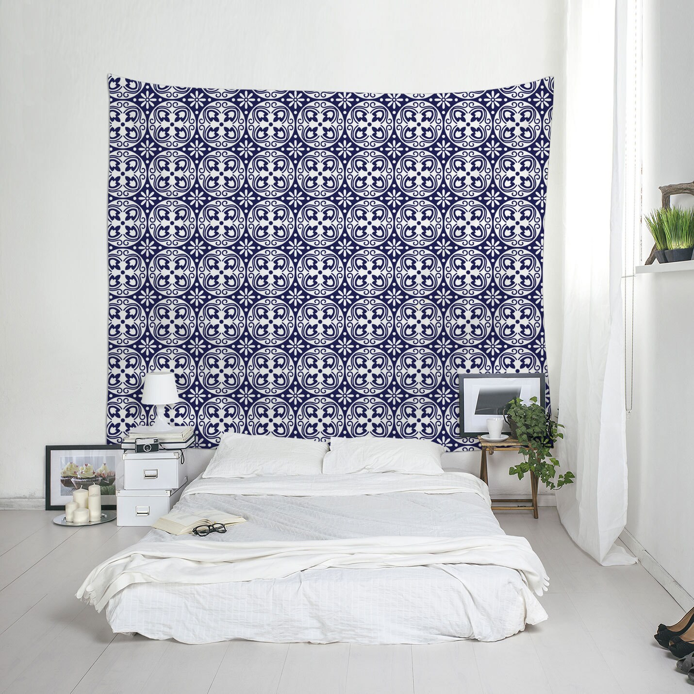 Spanish Tapestry Blue Tile Decor Fabric Wall Hanging