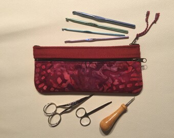 Wool & Batik 2-zipper Clutch, purse, crochet hook case, knitting needle case, organizer, gift for her