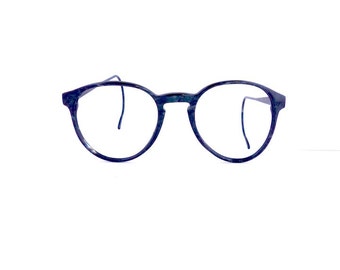 90s Creation Banzai Off Round Eyeglasses Frames Unisex Vintage 1990's Blue with Black Pattern Osaka Model France Key Hole #M342 DIVINE