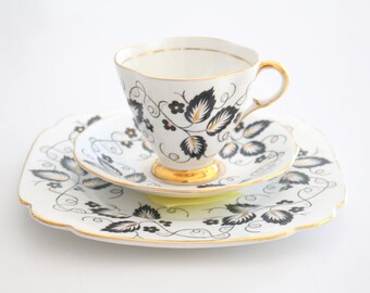 Vintage English Bone China Clarence Footed Tea Cup, Saucer and Dessert Plate Trio Hollywood Regency Gifts for Her - c. 1940's - 1960's
