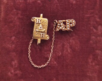 Vintage 9k 10k Gold Sorority School Pin - 1930 Kappa Delta Pi scroll Alpha Rho chapter - AP with tiny seed pearls on chain - beehive stars