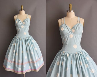 vintage 1950s blue cotton full skirt sun dress Large XL 50s vintage blue cotton full skirt sun dress