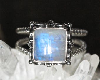 Square Rainbow Moonstone Ring, Boho, Moonstone Ring, Silver Ring, Sterling Silver Ring, Statement Ring, Gypsy Ring, Gypsy Jewelry, Boho Ring