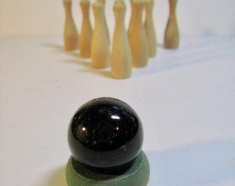 vintage tabletop bowling set. Vintage wooden pins, glass marble ball, wooden ring. Great stocking stuffer, office gift. man cave bar game