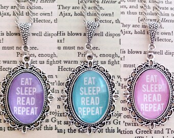 Eat Sleep Read Repeat 18x25mm Necklace - Bookish Pendant Necklace - Bookish Jewelry - Book Related Jewellery - Colourful Reading Necklace