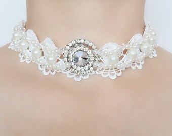 Bridal Lace Choker/ Bridal Pearl Choker/ Bridal Crystal Pearl Necklace/ Wedding Choker/ Pearl Choker/ Bridal Choker/ Lace Choker/ Rhinestone