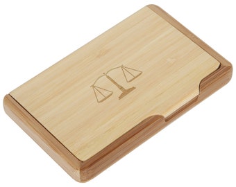 Lawscale Bamboo Business Card Holder With Laser Engraved Design - Business Card Keeper - Holds Up To 10 Cards