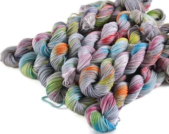 Mini Skeins, Hand Dyed Yarn, Sock Weight, Superwash Merino Yarn, Knitting Yarn, Sock Yarn, Multi-colored, rainbow, speckled - Silver Lining